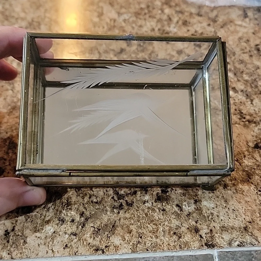 Vintage Hecho Glass Etched Glass Bird Jewelry Trinket Box